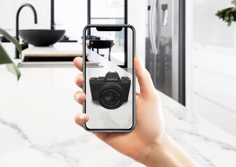 A camera placed on a kitchen bench in AR