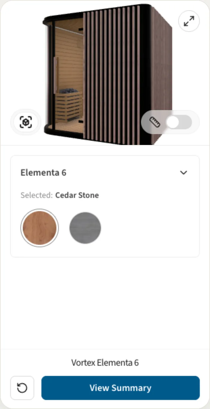 The Spa World Vortex Elementa 6 outdoor sauna in a live 3D configurator