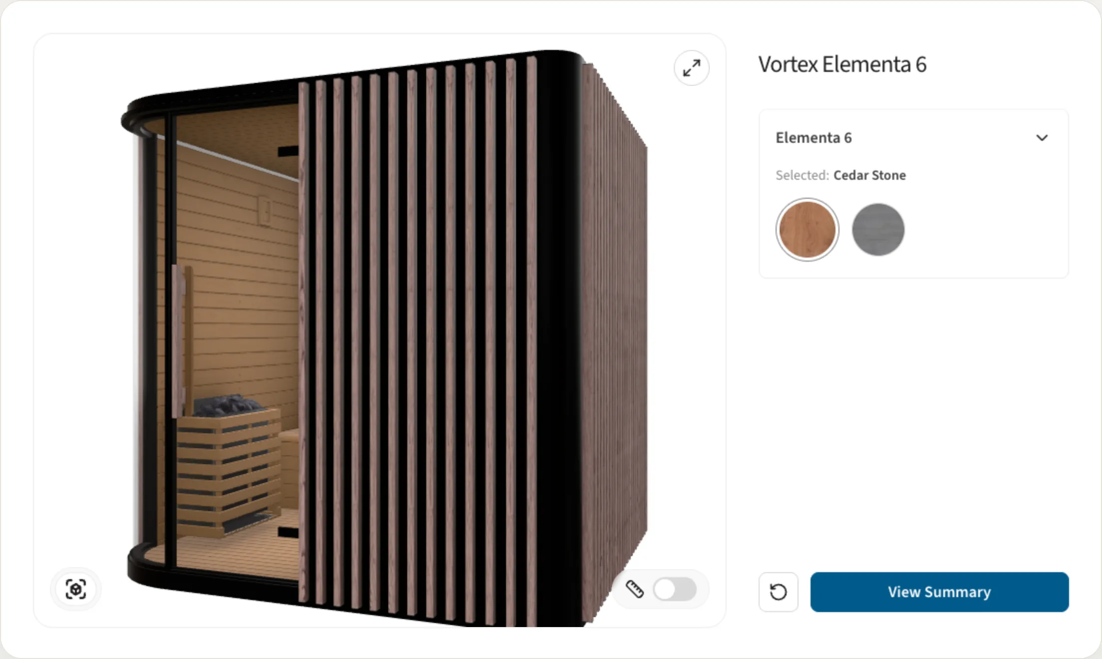 The Spa World Vortex Elementa 6 outdoor sauna in a live 3D configurator