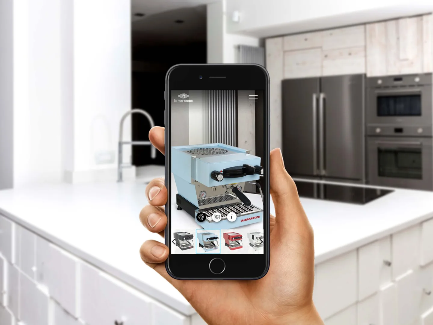 A La Marzocco espresso machine configured in light blue on a phone in a kitchen