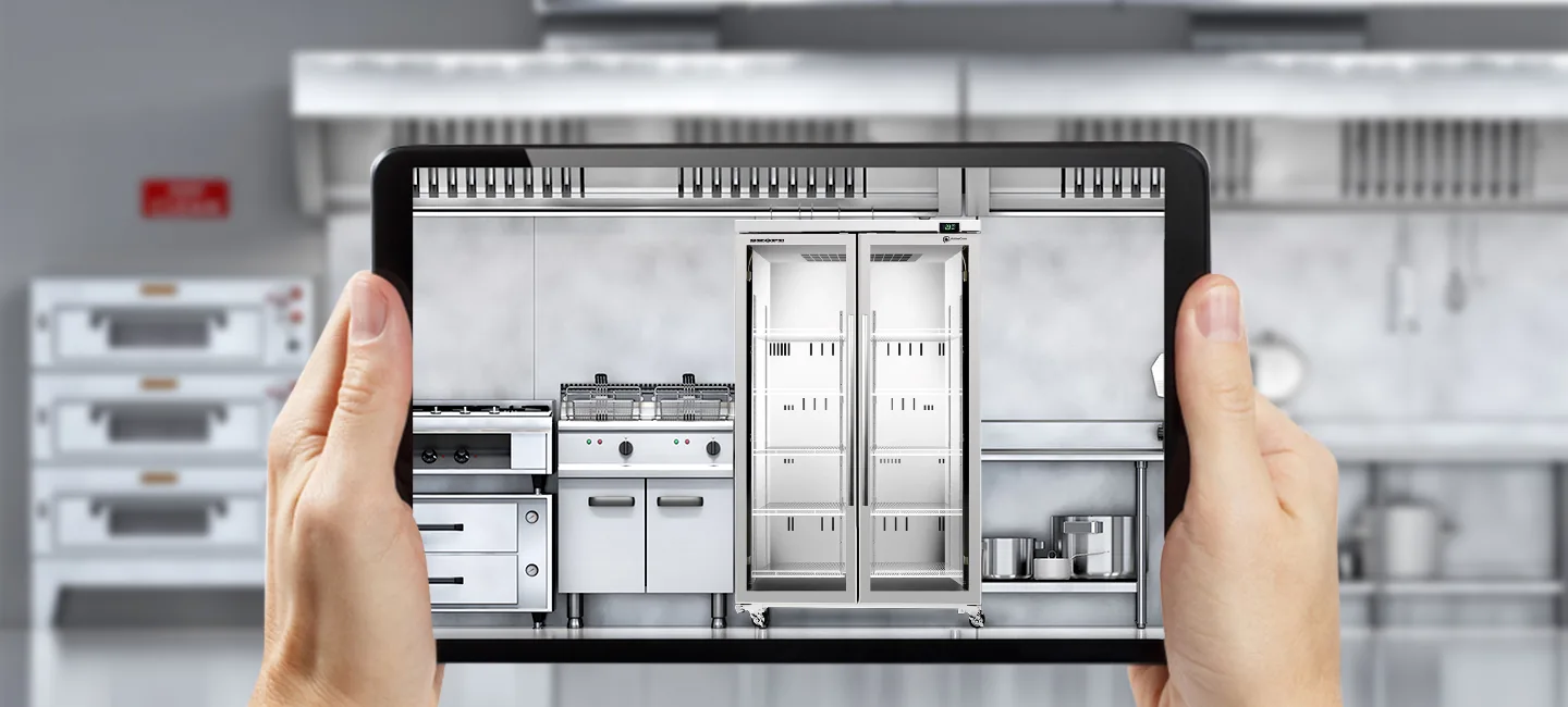 A SKOPE fridge placed in a commercial kitchen in AR on a tablet