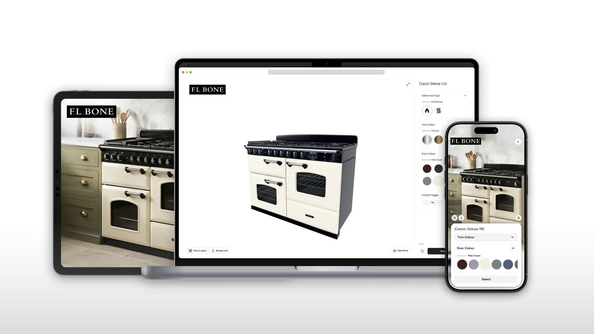 The FL Bone Classic Deluxe 110 range cooker configurator on a tablet, a laptop and a phone