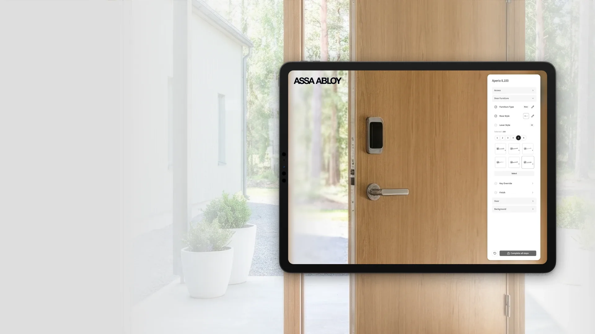 The ASSA ABLOY Aperio configurator on an iPad, set against a timber door with an access reader and lever handle