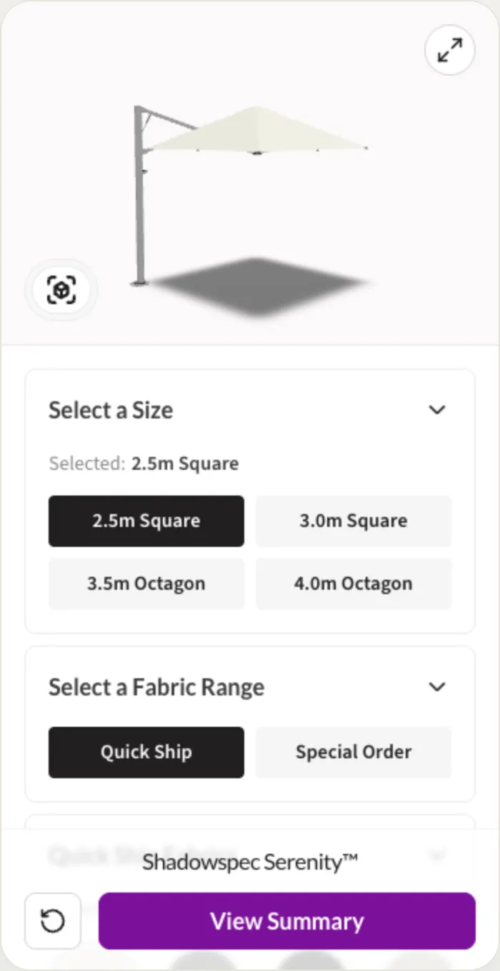 The Shadowspec Serenity cantilever umbrella in a live 3D configurator