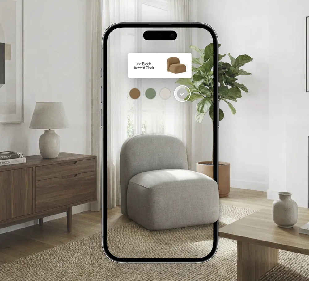An armchair placed in a living room in AR on a phone