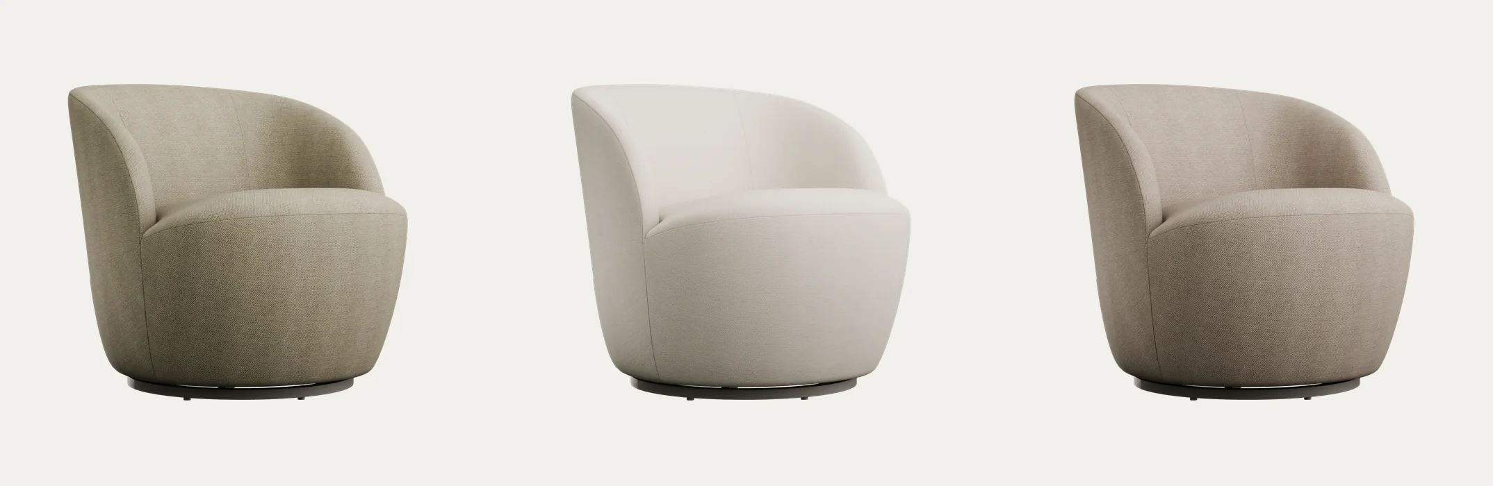 The same armchair rendered in three fabrics