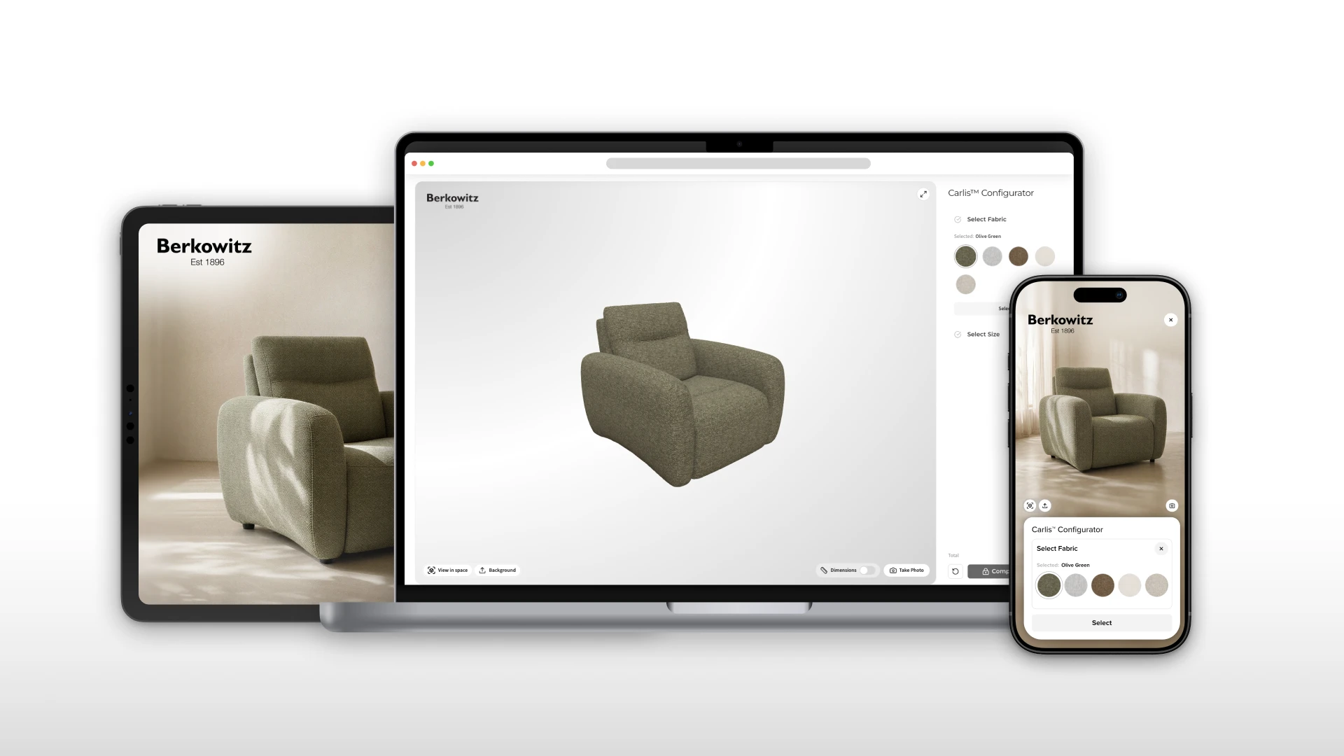 The Berkowitz Carlis armchair configurator on a tablet, a laptop and a phone