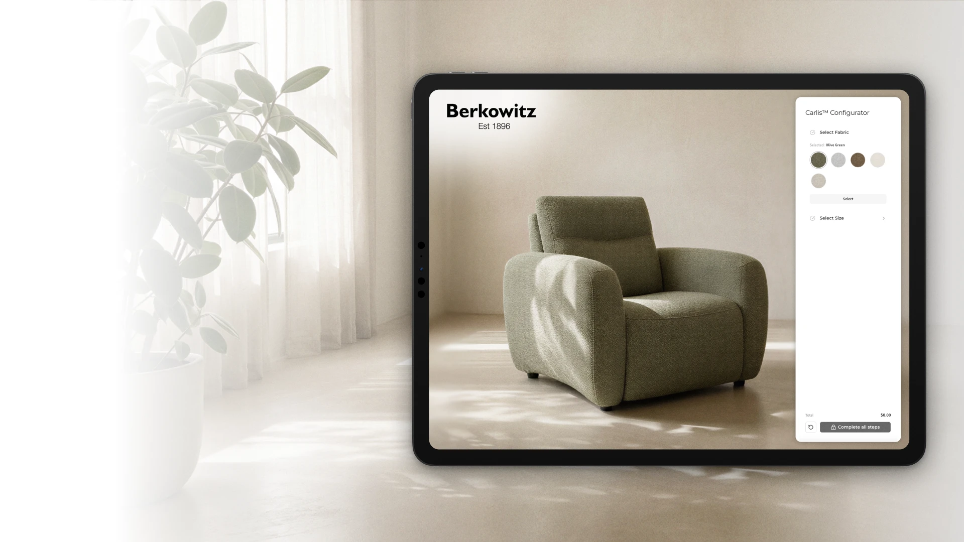 An armchair in a sunlit room, configured on a tablet with fabric swatches